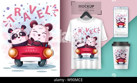 Ours panda mignon et Unicorn et le merchandising de l'affiche Illustration de Vecteur