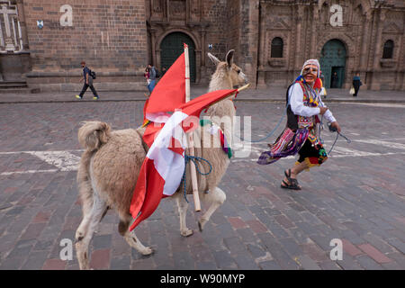 Les gens prennent un lama Quechua pour célébrer le jour de San Jeronimo, le saint patron de la ville Banque D'Images