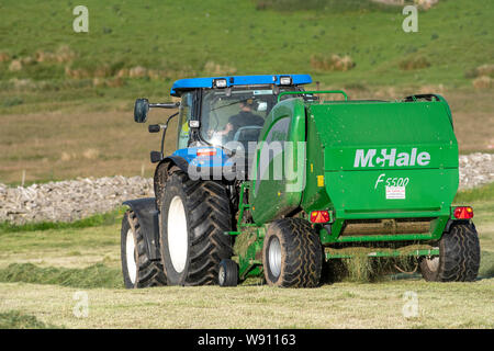 Faire de l'ensilage préfané récolte sur une colline, la ferme avec un New Holland T6030 et un McHale 5500 balles. , Cumbria (Royaume-Uni). Banque D'Images