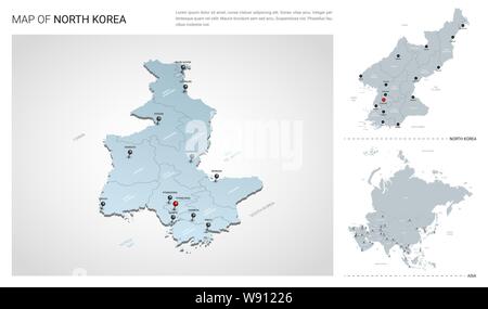 Vector set de la Corée du Nord du pays. Carte en 3D isométrique, la Corée du Nord, l'Asie carte carte - avec la région, l'Etat et les noms les noms de ville. Illustration de Vecteur