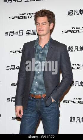 L'acteur américain Andrew Garfield pose au cours d'une conférence de presse pour son nouveau film, The Amazing Spider-Man 2, à Beijing, Chine, 25 mars 2014. Banque D'Images