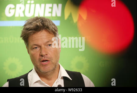 Berlin, Allemagne. Août 12, 2019. Robert Habeck (Bündnis90/Die Grünen), Président, répond aux questions des journalistes après la réunion du Comité exécutif fédéral des verts au Secrétariat fédéral. Credit : Wolfgang Kumm/dpa/Alamy Live News Banque D'Images