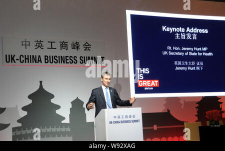 Jeremy Hunt, secrétaire d'État à la santé du Royaume-Uni, prononce un discours à l'UK-China Business Summit à Beijing, Chine, 2 décembre 2013. Banque D'Images