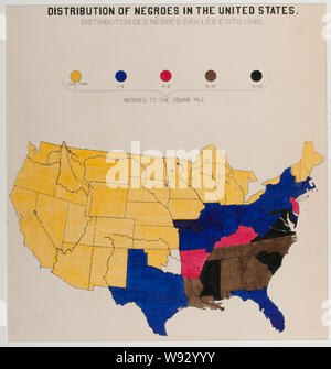 Une série de tableaux statistiques qui illustrent l'état des descendants d'anciens esclaves africains actuellement en résidence aux États-Unis d'Amérique Résumé : La carte montre la répartition de la population afro-américaine. Banque D'Images