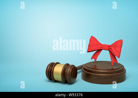 Le rendu 3D de red bow on cale en bois rond et brown wooden gavel on blue background Banque D'Images