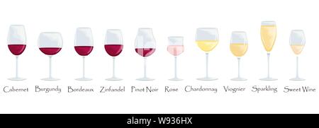 Types de verres à vin. Vector cartoon illustration télévision. Verres isolés avec du rouge, blanc et rosé. Illustration de Vecteur