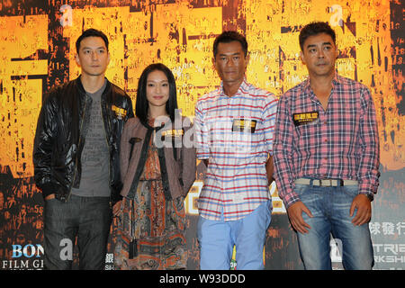 (De gauche) Hong Kong l'acteur Daniel Wu, l'actrice chinoise Zhou Xun, Hong Kong l'acteur Louis Koo et Hong Kong l'acteur Sean Lau pour assister à une conférence de presse Banque D'Images