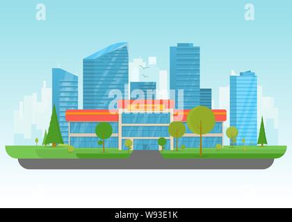 Bâtiment de supermarché. Édifice du magasin près de parc avec des arbres et de grands gratte-ciel sur l'arrière-plan. Télévision vector illustration. Arbre et arbustes près de Illustration de Vecteur