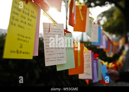 Les cartes avec les souhaits des élèves de sexe féminin sont accrochés sur des cordes au campus Road de l'Université de Tongji en avant de la Journée internationale des femmes à Sha Banque D'Images