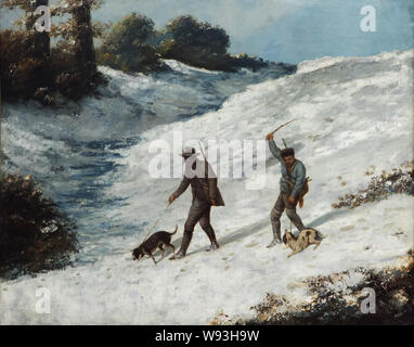 Peinture 'Hunters in the snow' par peintre réaliste français Gustave Courbet (1867) sur l'affichage dans le Musée des beaux-arts et d'archéologie (Musée des Beaux-Arts et d'Archéologie de Besançon) à Besançon, France. Banque D'Images