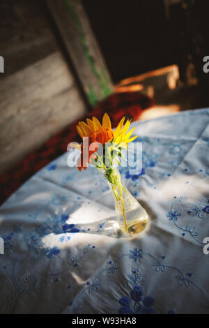 De belles petites fleurs dans de petites bouteilles de verre sur la table en bois. Banque D'Images