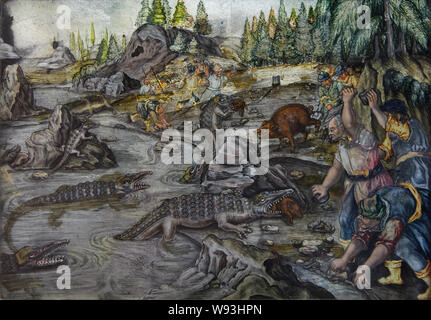 La chasse aux crocodiles représentées dans le sens inverse de peinture sur verre avec dorures daté de la première moitié du xviiie siècle sur l'affichage dans le Musée Unterlinden (Musée Unterlinden) à Colmar, Alsace, France. La peinture sur verre inversé a été peint par l'artiste allemand Nikolaus Michael Spengler après l'impression gravée par l'artiste néerlandais Johannes Colaert après la peinture par peintre maniériste flamand Jan Van der Straet, également connu sous le nom de Stradanus. Banque D'Images