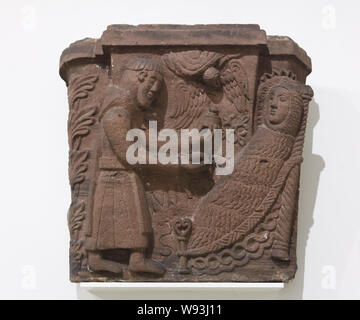 Dernière Communion de Sainte Marie d'Egypte. Capitale du roman de autour de 1150 de l'abbaye Alspach (Abbaye d'Alspach), maintenant exposée dans le Musée Unterlinden (Musée Unterlinden) à Colmar, Alsace, France. Banque D'Images