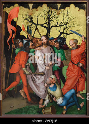 Baiser de Judas Iscariot. Détail du retable "l'enfance et la Passion du Christ", daté de vers 1480 par l'Allemand Martin Schongauer peintre de la renaissance de l'Église des Dominicains à Colmar, maintenant exposée dans le Musée Unterlinden (Musée Unterlinden) à Colmar, Alsace, France. Banque D'Images