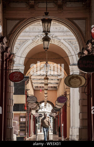 LYON, FRANCE - 14 juillet 2019 - Vue sur le passage de l'Argue, une salle couverte dans le centre-ville de Lyon, France, avec des magasins autour, dans une typique 19e Banque D'Images