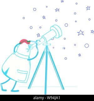 Un homme portant un manteau de laboratoire regardant les étoiles et les planètes à travers un télescope d'art de la ligne d'animation en deux couleurs Illustration de Vecteur