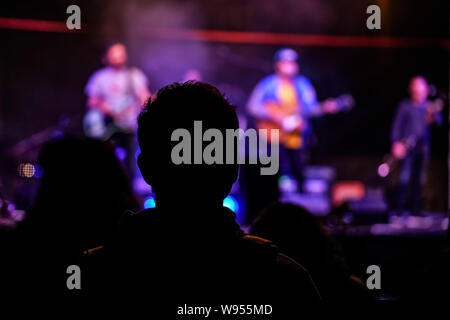Silhouette de jeune homme au concert de musique, vue de derrière, les musiciens floue avec les guitares en arrière-plan Banque D'Images