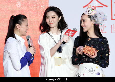 (De gauche) réalisateur chinois Li Yu, actrices Fan Bingbing et Huo Siyan assister à une conférence de presse pour le film, double exposition, à Beijing, Chine, 2 Banque D'Images