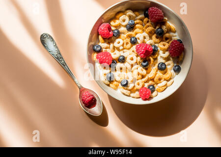 Les cornflakes savoureux avec les framboises et les bleuets sur fond pastel.Cornflakes avec fruits frais et yaourt servi dans un bol en céramique. Concept pour Banque D'Images