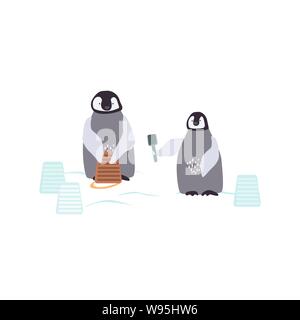 Dessin animé deux pingouins s'bulding un snowcastle. À l'empereur. fond penquins bébé Vector illustration. Illustration de Vecteur
