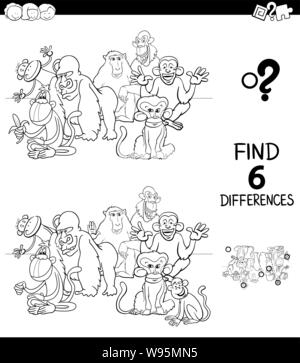 Illustration Cartoon noir et blanc de trouver six différences entre les photos, jeu éducatif pour enfants avec des singes à colorier Personnages Animaux Illustration de Vecteur