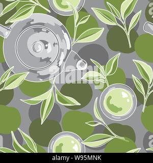 Feuilles de thé vert, thé tasse et pot. Motif graphique Matcha sur fond gris avec des points. Modèle logique artistique Illustration de Vecteur