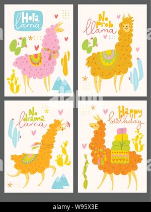 Ensemble de quatre cartes de motivation avec lama et cactus Illustration de Vecteur