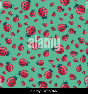 Coccinelle vecteur modèle homogène. rouge coccinelle caricature des symboles sur fond vert. cute lady bug avec illustration d'été Illustration de Vecteur