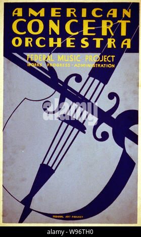 Orchestre de concert américain--Gouvernement fédéral--projet Musique Works Progress Administration Résumé : pour l'affiche de présentation du projet fédéral américain de musique orchestre de concert, montrant un violoncelle. Banque D'Images