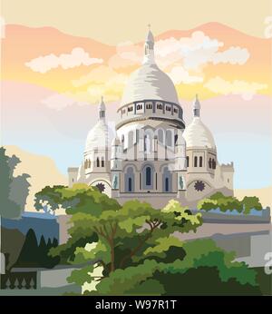 Vector illustration colorée de Montmartre, monument de Paris, France. Basilique du Sacré Coeur avec la ville. Vector illustration colorée, paysage urbain de Illustration de Vecteur