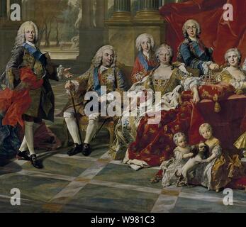 Détail de la 1743 portrait de la famille de Philippe V d'Espagne, Prince Fernando (ofAsturias, le roi Felipe, Infante Luis Antonio, la Reine Elisabeth, Infante Felipe et la princesse Louise Élisabeth) L M van Loo. Banque D'Images