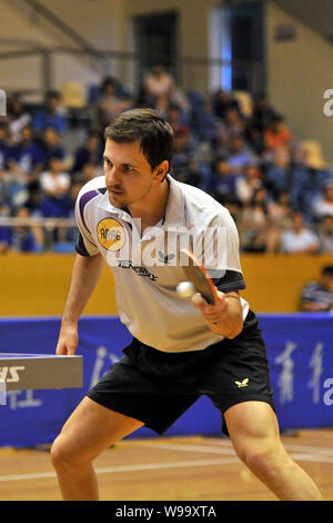 Ping-pong allemand Timo Boll superstar fait concurrence au cours d'un match à l'équipe de mens 2011 Chine contre World Team Challenge tennis de table la concurrence dans Shangha Banque D'Images