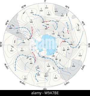 Météo carte imaginaire Antarctique avec isobares et fronts météorologiques Illustration de Vecteur