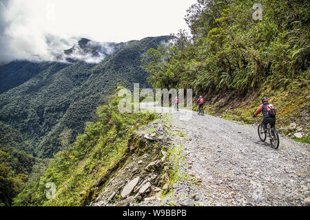 La Cumbre, Bolivia-Jan 3, 2019 : Les participants de la descente de la route la plus dangereuse du monde à La Cumbre col altitude 4700 m , appelé "mort" Banque D'Images