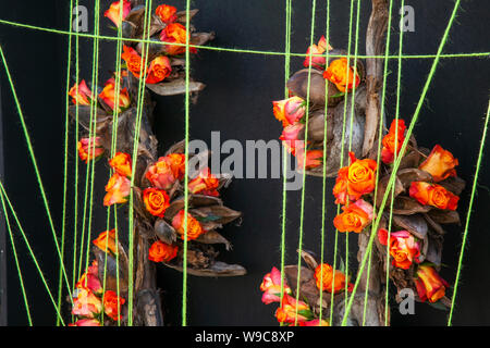 Art floral contemporain, plante, conception minimale de plantes, Ikebana de style Rikka, composition de vie STILL, compositions florales coupées compétitives, fleurs excentriques dans des pots multicolores, éléments particuliers et expositions abstraites. Zen au spectacle de fleurs du parc de Tatton, Royaume-Uni Banque D'Images