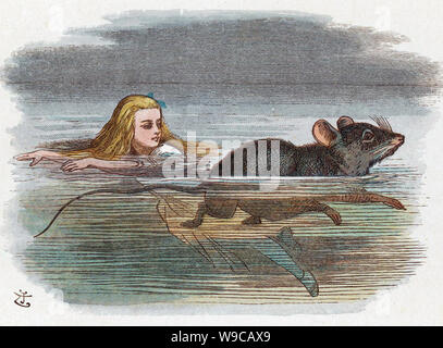 Aventures d'ALICE AU PAYS DES MERVEILLES - Chapitre 2. La souris avec Alice dans la piscine de larmes gravée par John Tenniel pour la première édition en 1865 Banque D'Images