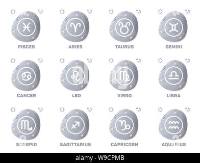 L'ensemble de signes du zodiaque blanc sur un rond, doux, gris pierre, isolé sur un fond blanc, vue du dessus. Prévisions astrologiques, horoscope pour enfants Banque D'Images
