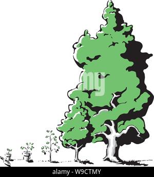 La croissance de l'arbre d'un seepling terricotta minuscule dans un pot à travers toutes les étapes pour être un plein développement des centaines d'yeares vieil arbre Illustration de Vecteur