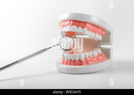 Modèle de dents et soins dentaires miroir sur fond blanc Banque D'Images