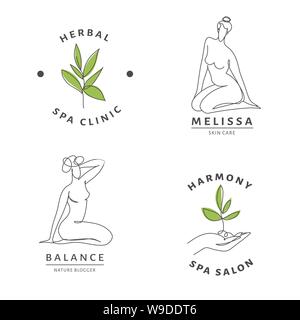 Spa salon des modèles avec logo femme corps et la nature. Illustration de Vecteur