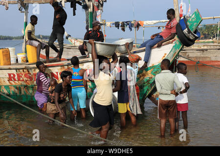 Les femmes achètent le poisson à Ada Foah, au Ghana. La pêche illégale par des navires étrangers menace les villages de pêcheurs traditionnels au Ghana. Banque D'Images