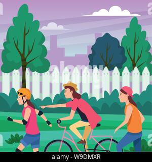 Les jeunes personnes avec sakteboard, patins et vélos Illustration de Vecteur
