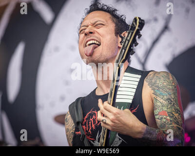 Trivium sur la scène du festival 2019 Copenhell à Copenhague, Danemark. Ici guitariste et chanteur Matt Matt. Banque D'Images