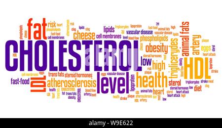Les niveaux de cholestérol. Question des soins de santé. Nuage de mots signe. Banque D'Images