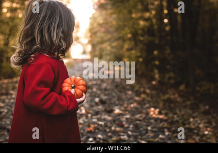 Petite fille à l'extérieur dans une forêt d'automne est titulaire d'une petite citrouille dans sa main Banque D'Images