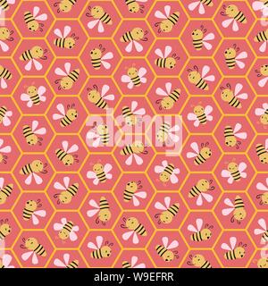 Cute cartoon les abeilles du miel dans les cellules d'abeilles. Vecteur géométrique transparente motif sur fond rose corail. Idéal pour les enfants, jardin, jardin d'enfants Illustration de Vecteur