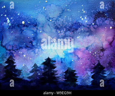 L'art de l'espace à l'aquarelle avec ciel de nuit et arbres Banque D'Images