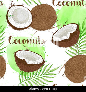 Modèle transparent avec des noix de coco, les feuilles de palmier et vert aquarelle blots sur un fond blanc. Banque D'Images