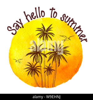 Voyage tropical contexte avec coco palm tree et orange aquarelle texture. Illustration à la main Banque D'Images