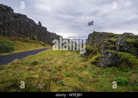 L'Islande drapeau dans le Parc National de Thingvellir en Islande Banque D'Images